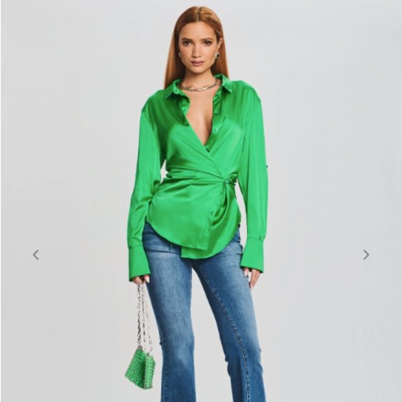 NWT SER.O.YA Women's Karry Silk Shirt, Kelly Green - Picture 1 of 3